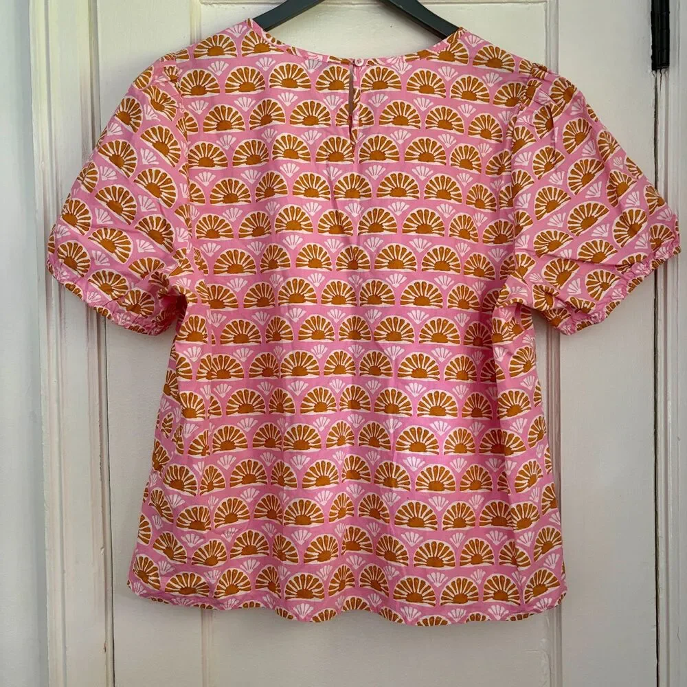 J.Crew Sunshine Fan Puff Sleeve Blouse 100% Cotton Poplin Pink Orange Size XL
